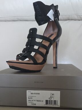 BCBG Black Strappy Python-Texture Ankle Cuff Stiletto Heels